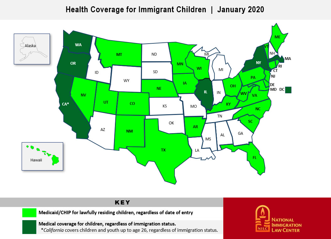 map of Health Coverage for Immigrant Children Jan 2020