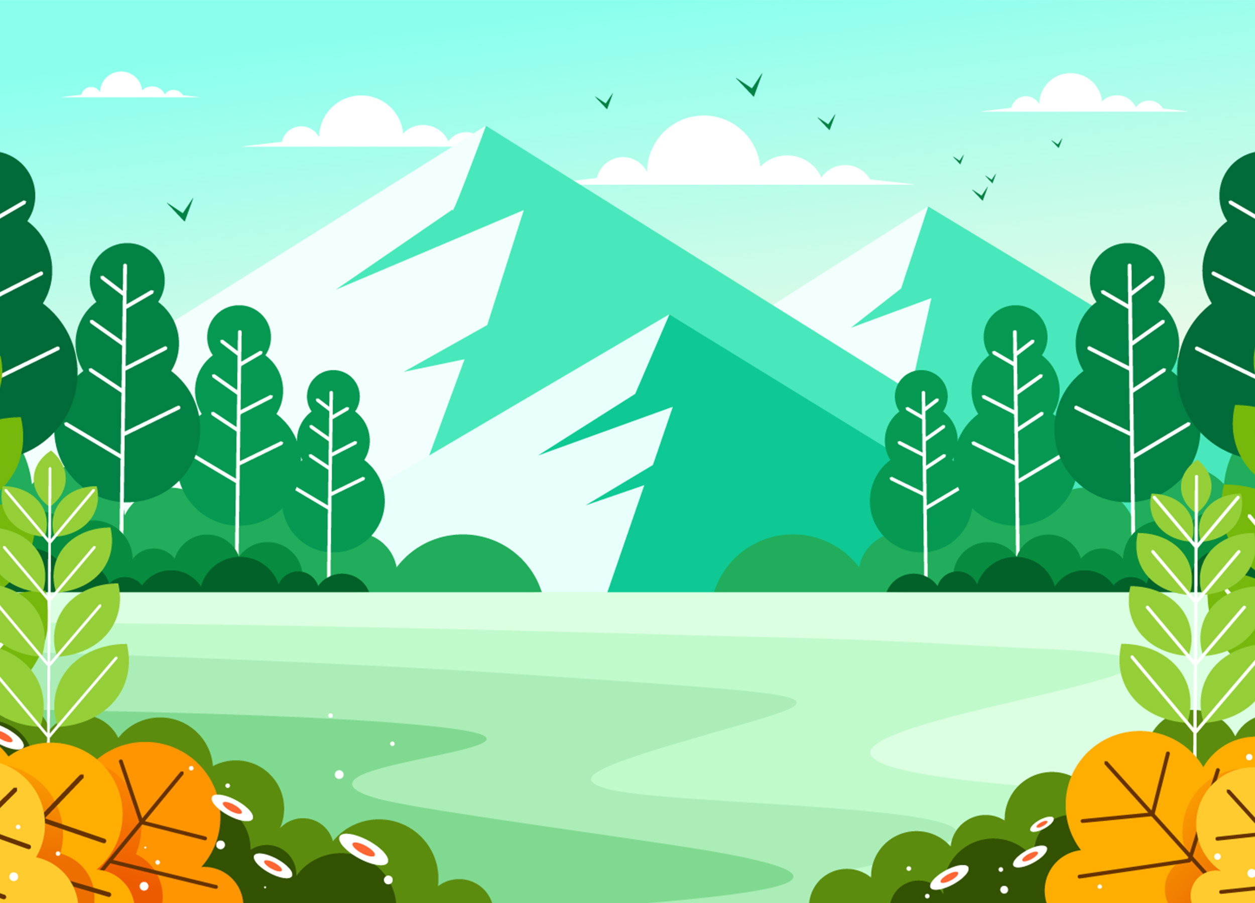 A graphic illustration of a lake by the mountains.