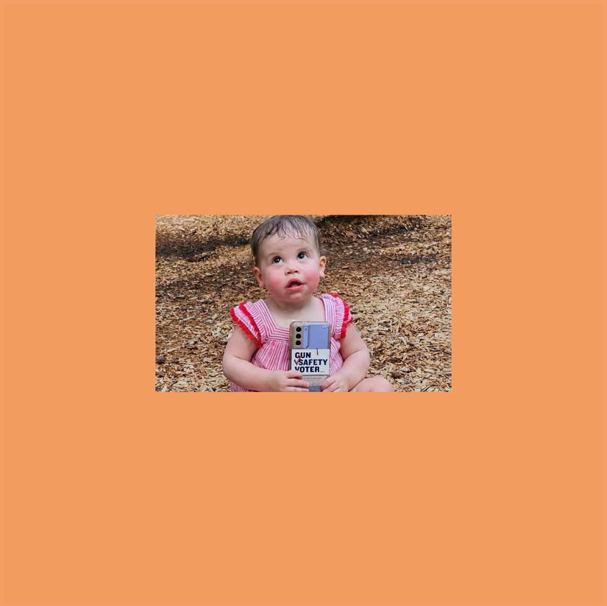 Firearm Safety Poster. A baby girl holds a phone with a "Gun Safety Voter" sticker on it.