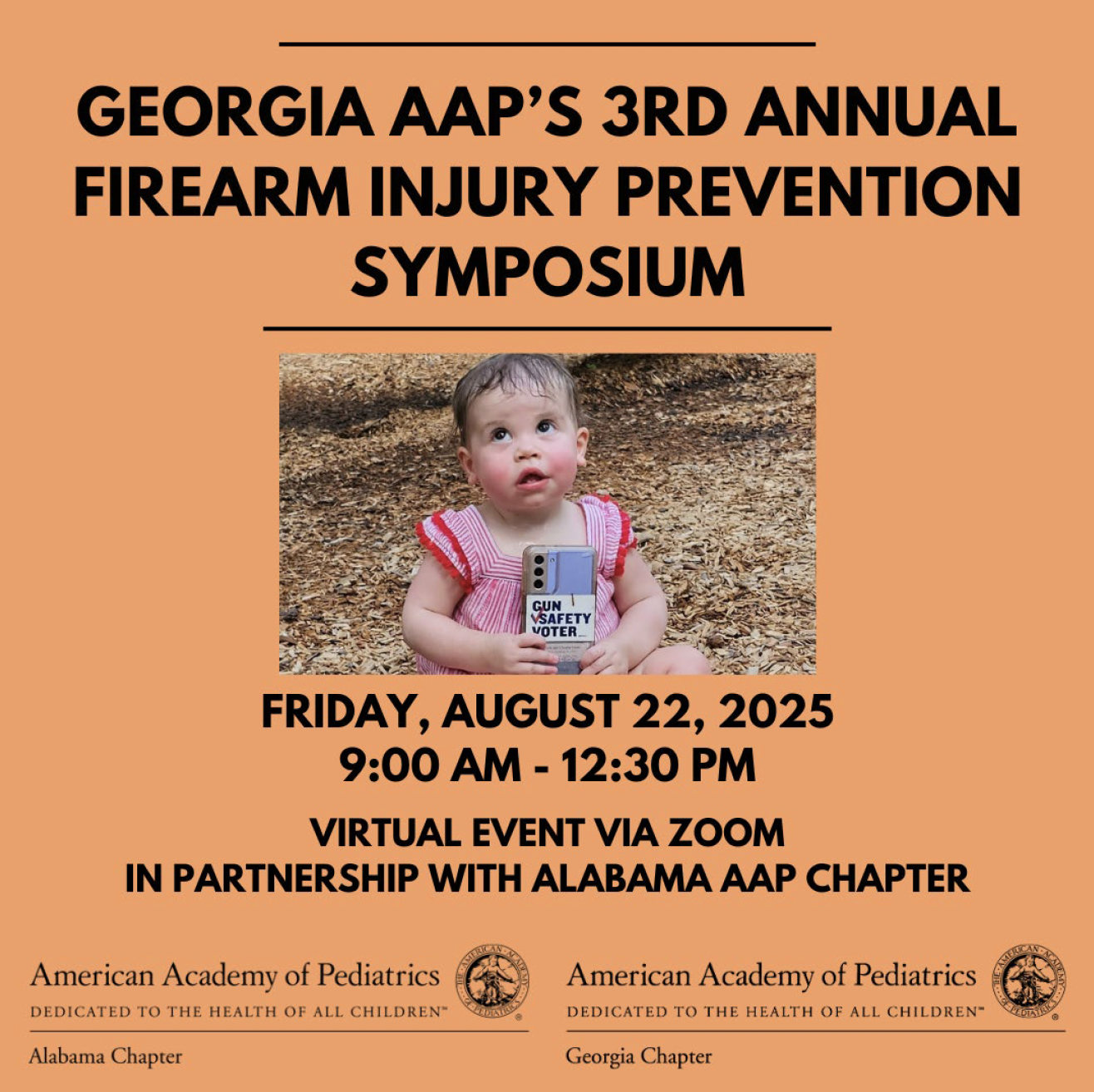 Firearm Safety Poster. A baby girl holds a phone with a "Gun Safety Voter" sticker on it.