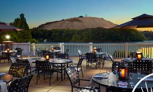 The outdoor patio at the Atlanta Evergreen Lakeside Resort